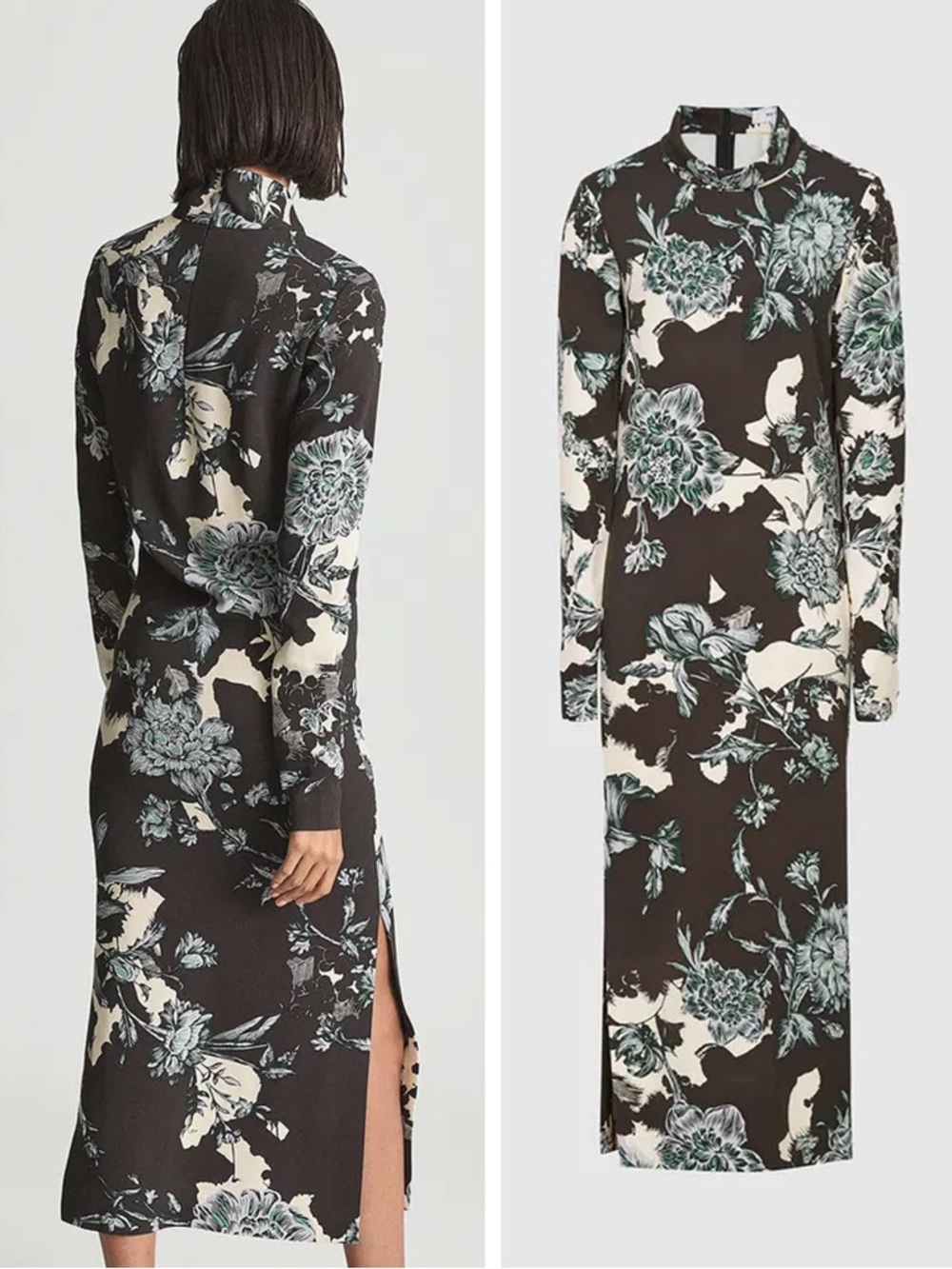 Reiss Black Floral High-Neck Midi Dress with Cream Accents - Picture 4 of 16